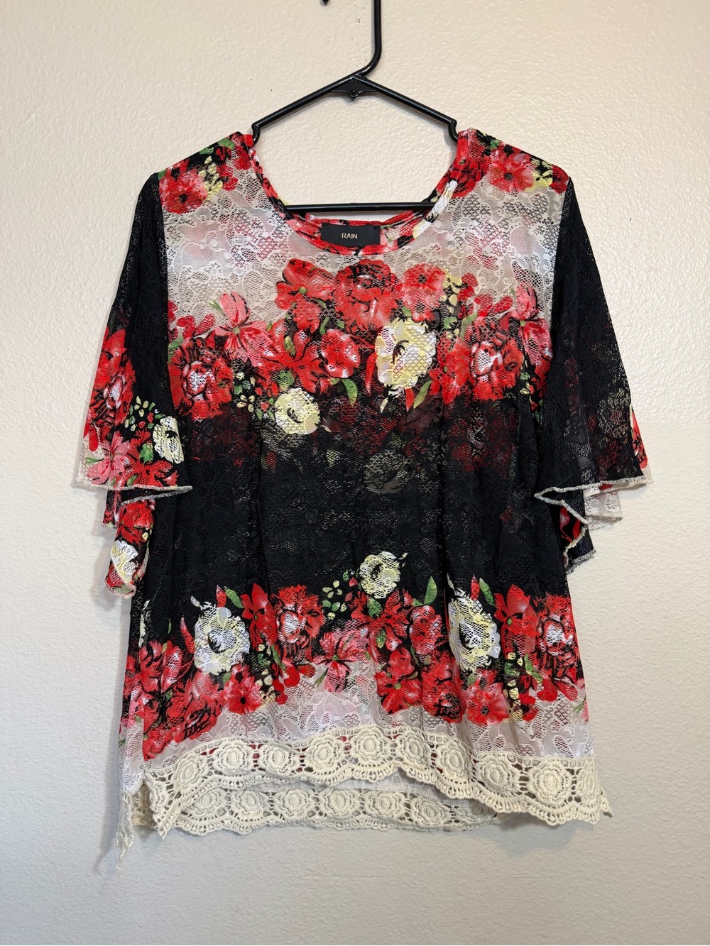 Rain Women Top 1X Lace Floral Crochet Angel Sleeves Dainty Sheer Summer